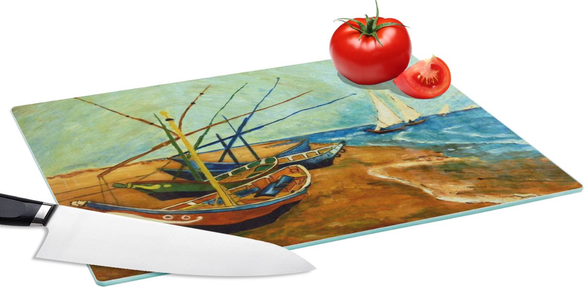 Glazen Snijplank - 39x28 - Vissersboten op het strand - Vincent van Gogh - Snijplanken Glas
