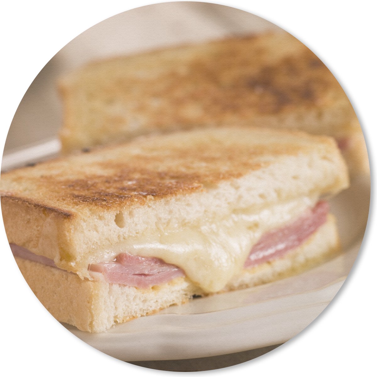 Muismat rond 30x30 cm - Mousepad Ham kaas tosti op een wit bord - Ronde muismatten