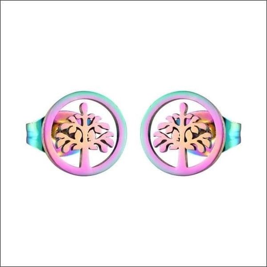 Aramat jewels ® - Regenboog oorbellen zweerknopjes levensboom chirurgisch staal 10mm