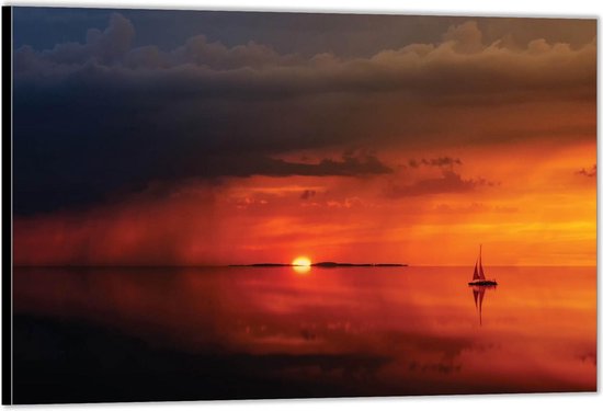 Dibond -Zonsondergang aan het Water met ZeilBoot- Foto op Aluminium (Met Ophangsysteem)