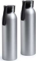 2x Aluminium drinkfles/waterfles met zwarte dop 650 ml - Sportfles - Sportbidon
