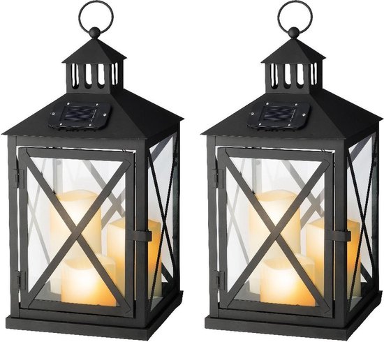 Zwarte metalen solar LED licht lantaarn met kaars 41 cm - Tuindecoratie zwart... | bol.com