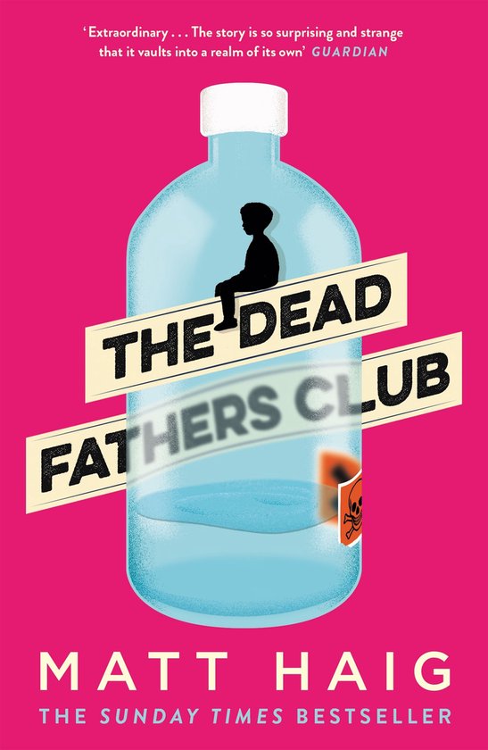 Couverture du livre 'The Dead Fathers Club' avec une bouteille, un symbole de tête de mort et le titre.