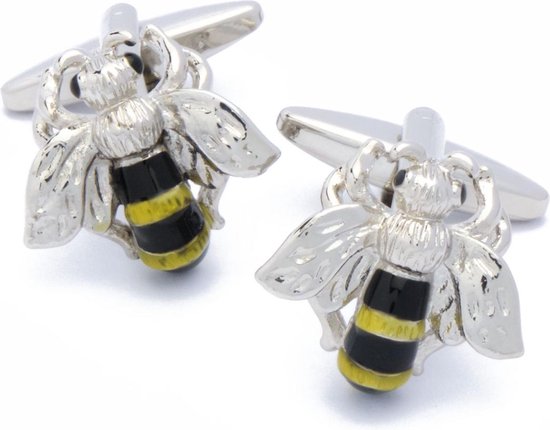 Manchetknopen - Honingbijen Zwart Geel met Zilveren Vleugels