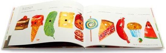 Een open boek toont gebak, een ijshoorntje, een augurk, kaas, koekjes, een lolly, taart, worst, een cupcake en watermeloen.