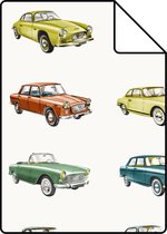 Proefstaal ESTAhome behang vintage auto's oranje, okergeel en groen - 138732 - 26,5 x 21 cm