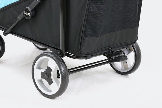 InnoPet hondenbuggy Mamut in Ocean Blue, met zwarte bekleding en grote wielen.