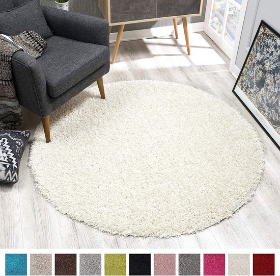 Shaggy Hoogpolig Rond vloerkleed Creme Effen Tapijt Carpet - 150 x 150 cm |  bol.com