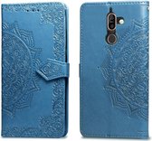 Voor Nokia 7 Plus Halverwege Mandala Reliëfpatroon Horizontale Flip Leren Case met Houder & Kaartsleuven & Portemonnee & Lanyard (Blauw)