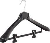 De Kledinghanger Gigant - 5 x Mantel / kostuumhanger kunststof zwart met schouderverbreding en anti-slip knijpers, 48 cm