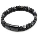 Armband heren – dubbel snoer – zwart gevlochten leer rond - zwart lavasteen kralen - Sorprese -zwart RVS sluiting - magnetisch – 22 cm - model O Armband heren – dubbel snoer – zwart gevlochten leer rond - zwart lavasteen kralen - Sorprese -zwart RVS sluiting - magnetisch – 22 cm - model O