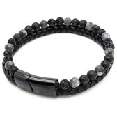 Armband heren – dubbel snoer – zwart gevlochten leer rond - zwart lavasteen kralen - Sorprese -zwart RVS sluiting - magnetisch – 22 cm - model O - Cadeau