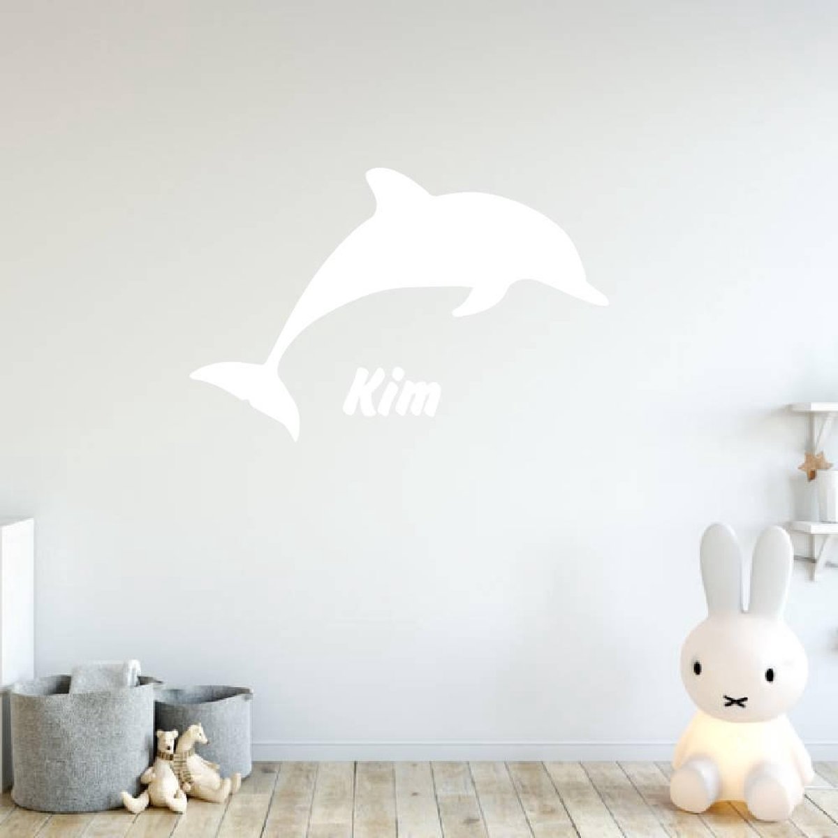 Muursticker dolfijn met naam - Wit - 80 x 50 cm baby en kinderkamer - naam stickers baby e