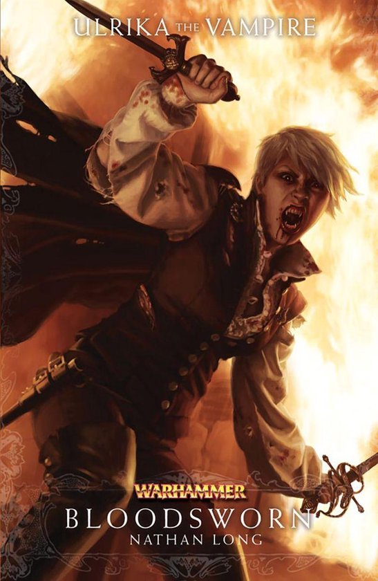 Vampier met kort blond haar, bloedende mond en zwaarden voor een achtergrond van vlammen, getiteld Ulrika the Vampire Bloodsworn.