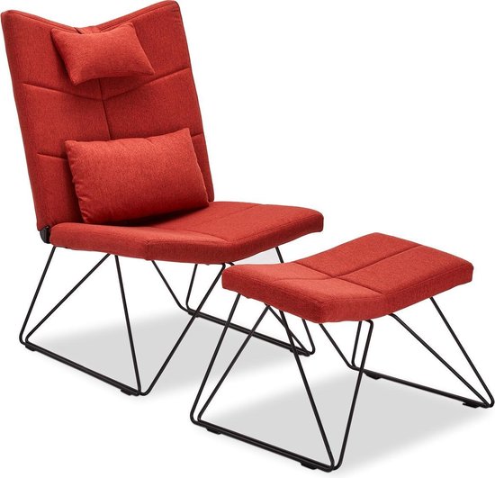 Inbind Rugmetaal Cobe fauteuil incl. voetenbank en kussen voor nek en rug, rood, metaal ...
