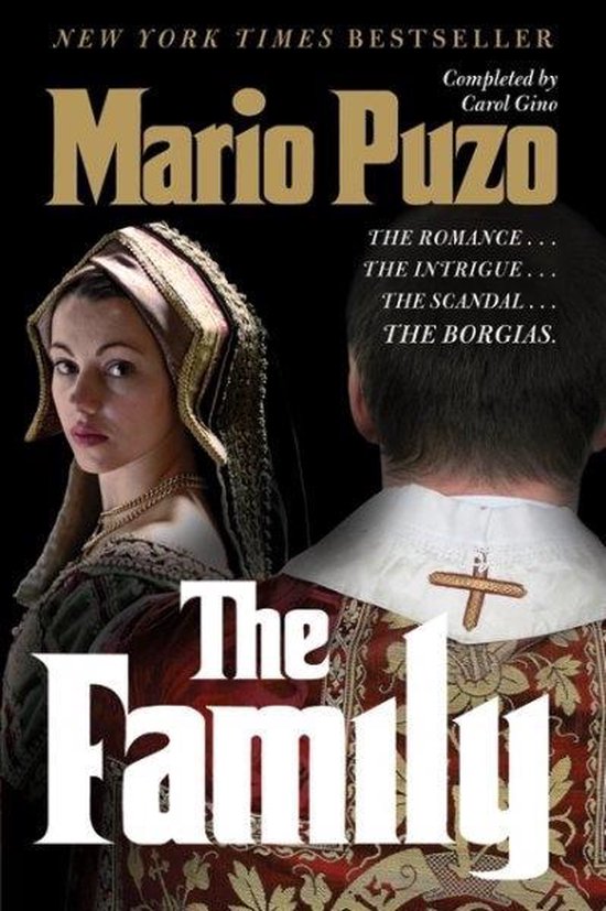 Couverture du livre "The Family" par Mario Puzo, avec une femme en costume d'époque et un homme en robe de prêtre.