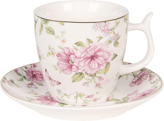Clayre & Eef Kop en Schotel 160 ml Roze Wit Porselein Bloemen