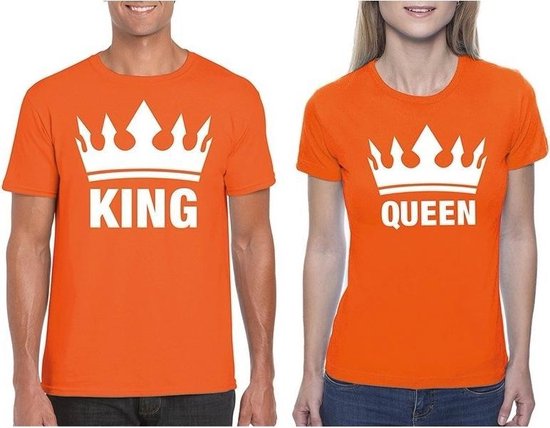 Koningsdag koppel King & Queen t-shirt oranje maat L