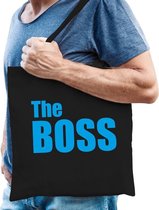 Katoenen tas zwart met blauwe tekst the boss - tasje / shopper voor heren