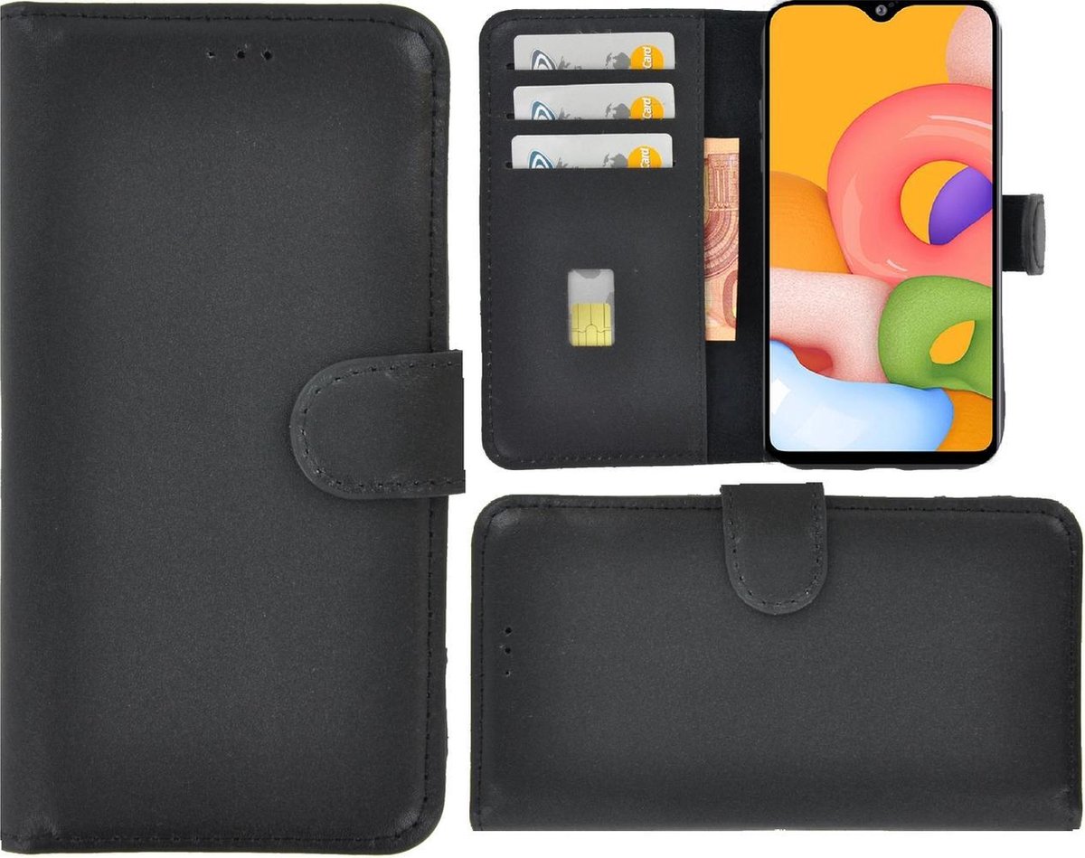 Samsung Galaxy A01 hoesje - Bookcase - Portemonnee Hoes Echt leer Wallet case Zwart