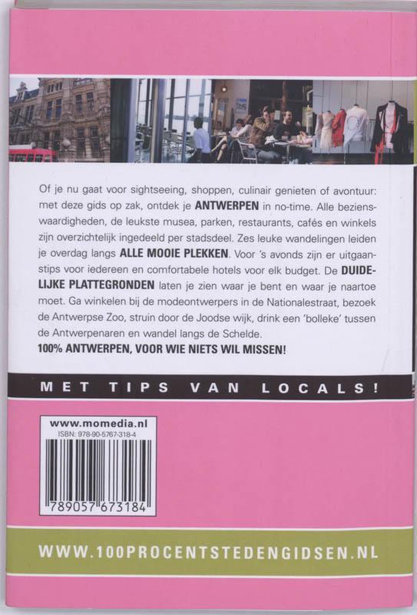 Achterkant boek '100% Antwerpen' met tekst over de stad, website en ISBN.