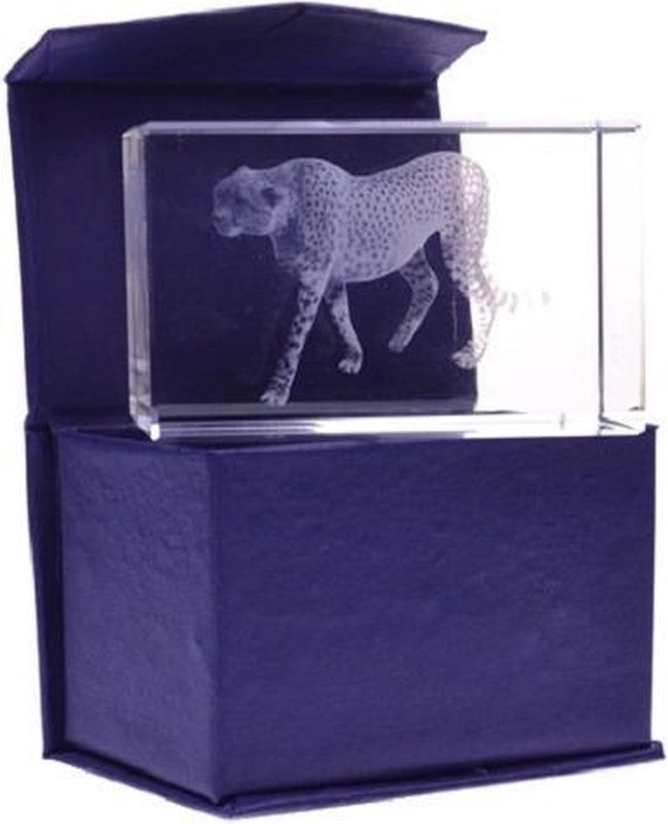 3D Laser Gravure Cheetah – Glasblokje – 8 x 5 x 5 cm – Cadeau met Geschenkdoos