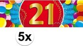 5x 21 Jaar leeftijd stickers 19 x 6 cm - 21 jaar verjaardag/jubileum versiering 5 stuks