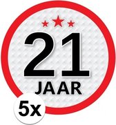5x 21 Jaar leeftijd stickers rond 15 cm - 21 jaar verjaardag/jubileum versiering 5 stuks
