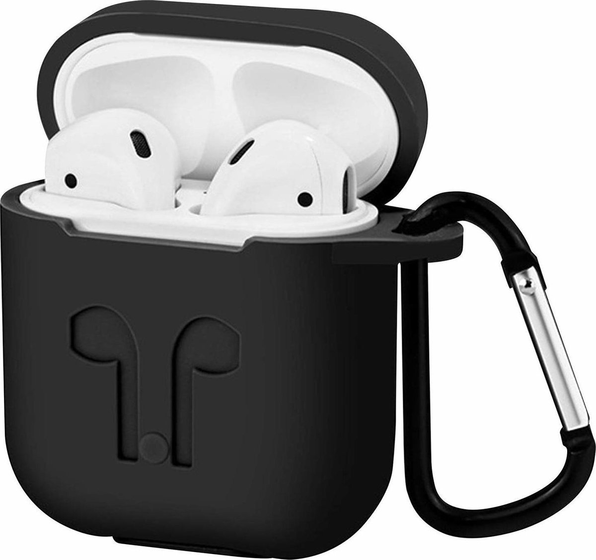 Case2go - Hoesje geschikt voor Apple Airpods - Siliconen Airpods Hoes met Karabijnhaak - Case voor Airpods 1/2 - Zwart