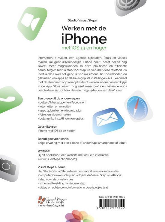 Boek 'Werken met de iPhone met iOS 13 en hoger'. Binnenkant met tekst en illustraties van een telefoon, e-mail en agenda.