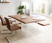 Massief houten tafel Live-Edge acacia bruin 140x90 boven 3,5 cm glazen poten boomtafel