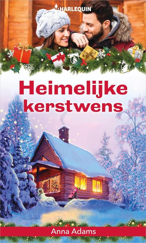 Een winterse scène met een gezellig, besneeuwd huisje, met kerstverlichting en een kerstboom buiten. Bovenop staat een stel met kerstversieringen.