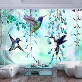 Fotobehang - Vliegende Kolibries op Turquoise achtergrond, premium print vliesbehang