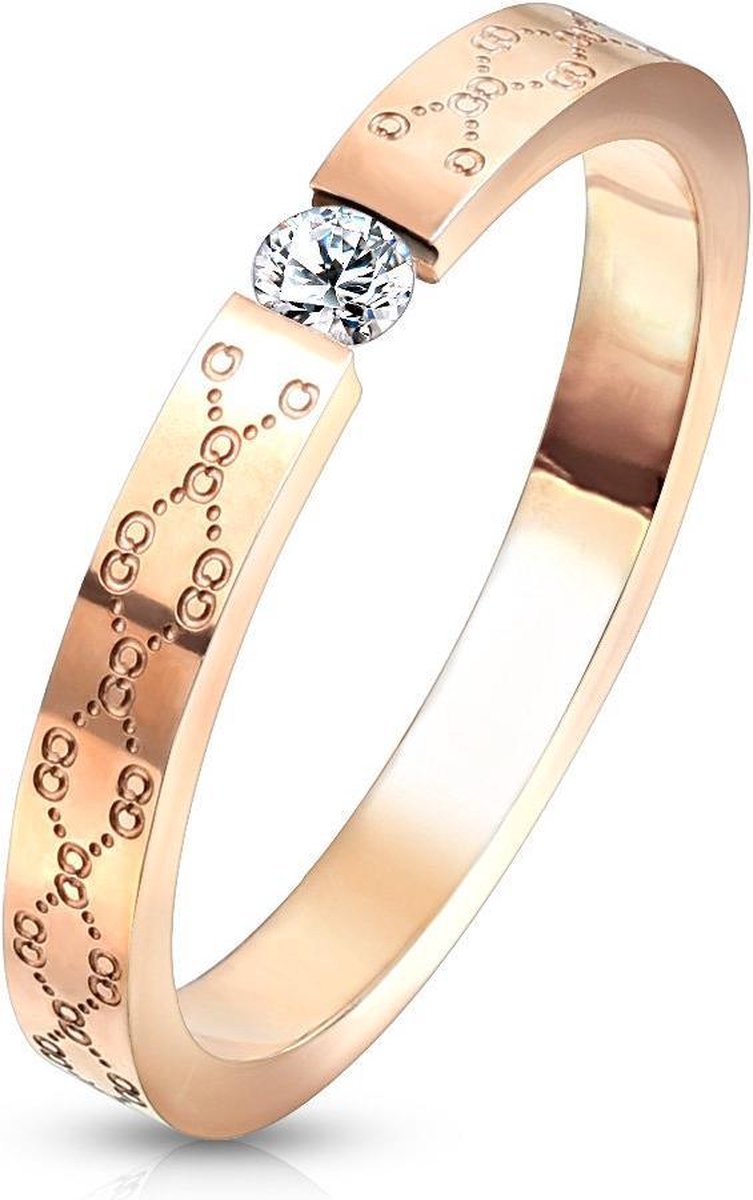 Ring Dames - Ringen Dames - Ringen Vrouwen - Rosé Goudkleurig - Gouden Kleur - Ring - Met Patroon en Steentje - Floral