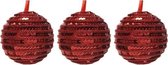 3x Kerst rode kunststof kerstballen 8 cm - Pailletten/sequin - Onbreekbare plastic kerstballen - Kerstboomversiering kerst rood