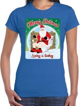 Fout Kerstshirt / t-shirt  - Merry shitmas losing a turkey - blauw voor dames - kerstkleding / kerst outfit S