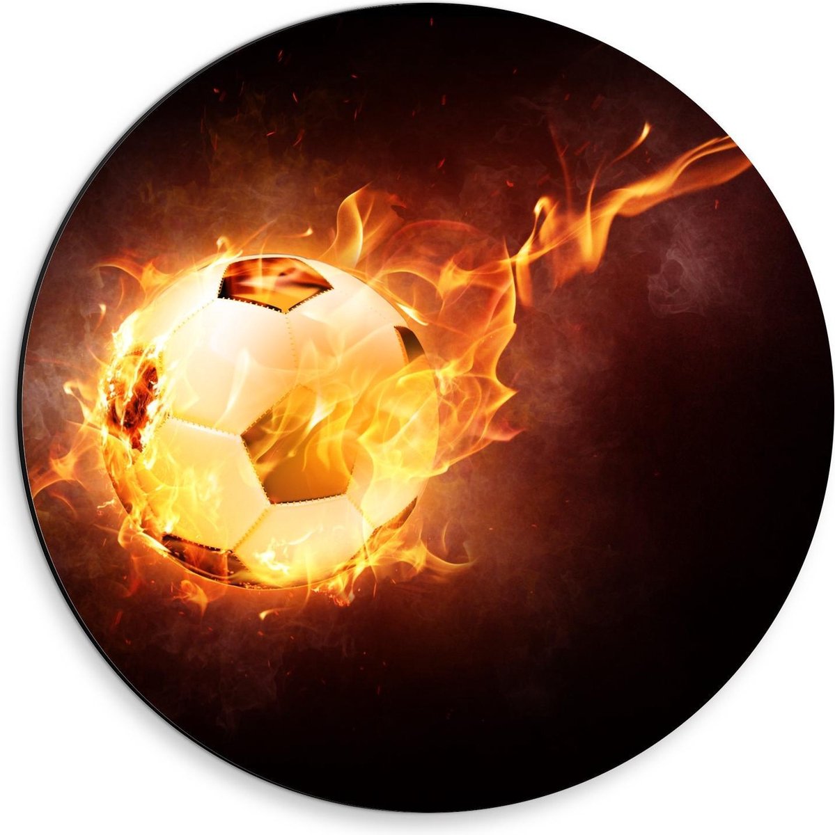 Dibond Wandcirkel - Voetbal met Snelheidsvuur - 30x30cm Foto op Aluminium Wandcirkel (met ophangsysteem)