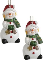 2x Kersthangers sneeuwpop beeldjes met groene handschoenen 8 cm - Kerstornamenten/kerstboomversiering