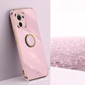 Voor Geschikt voor Xiaomi Mi 11 Lite XINLI Rechte 6D Plating Gouden Rand TPU Schokbestendig Hoesje met Ringhouder (Kersenpaars)