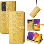 Voor Galaxy A82 5G Leuke Kat en Hond Reliëf Horizontale Flip Lederen Case met Houder & Kaartsleuven & Portemonnee & Lanyard (Geel)