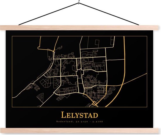 Posterhanger incl. Poster - Schoolplaat - Kaart - Lelystad - Goud - Zwart - 150x100 cm - Blanke latten