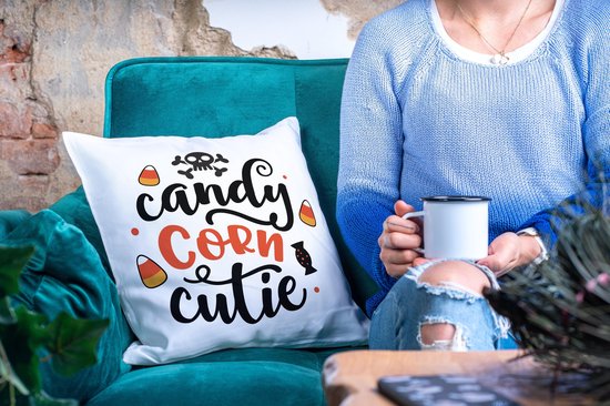 Oreiller d'Halloween avec texte : Candy Corn cutie | Décoration Halloween | Cadeaux drôles | Cadeau | Coussin