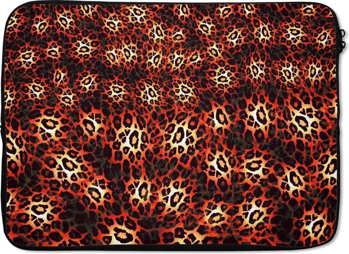 Laptophoes 14 inch - Luipaardprint - Design - Oranje - Laptop sleeve - Binnenmaat 33x23 cm - Zwarte achterkant