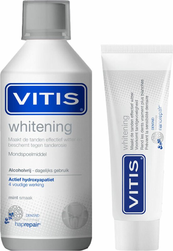 Wit flesje Vitis Whitening mondwater naast een witte tube Vitis Whitening tandpasta.