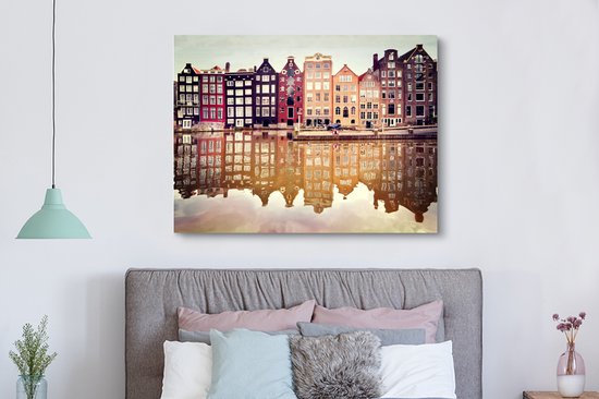 Réflexion des façades typiques dans l'eau en toile 180x120 cm - Tirage photo sur toile peinture Décoration murale salon / chambre à coucher) / Villes toile Peintures XXL / Groot format!