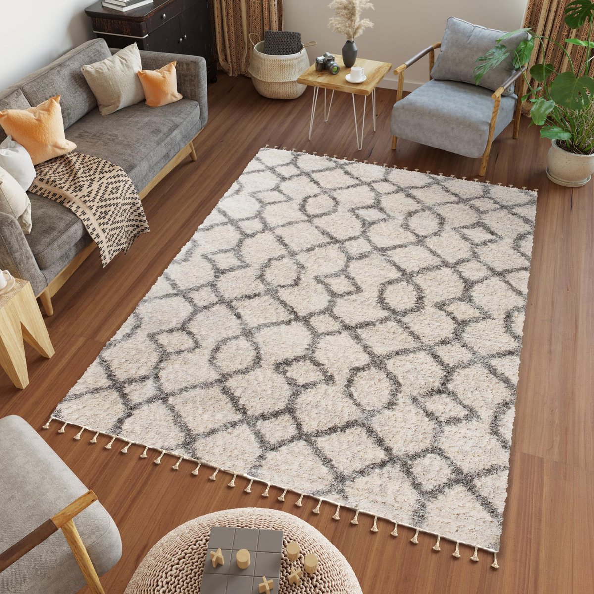 Tapiso Versay Fringes Vloerkleed Boho Hoogpolig Tapijten Maat- 120x170 Beige Grijs2
