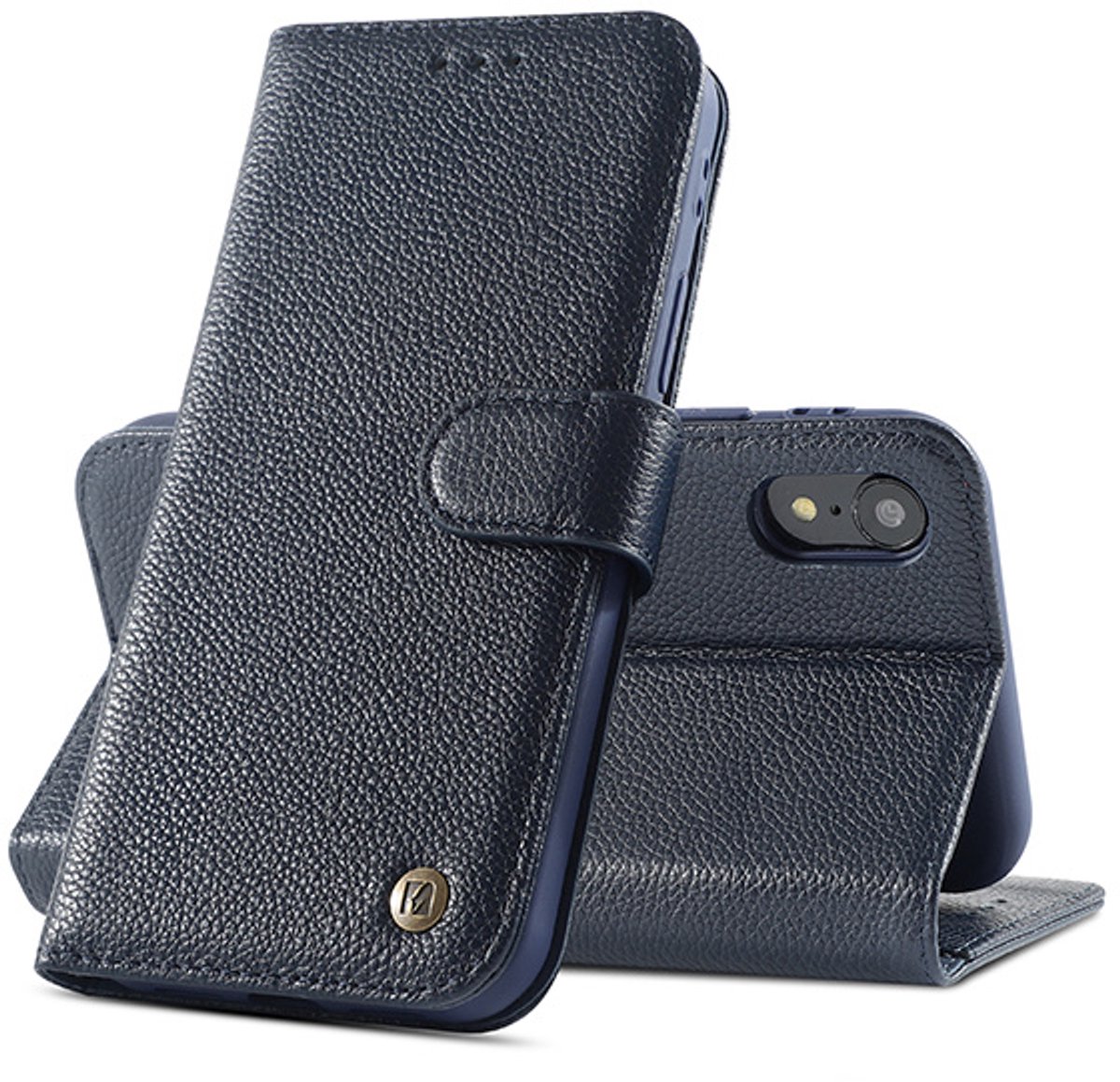 Echt Lederen Book Case Hoesje - Leren Portemonnee Telefoonhoesje - Geschikt voor iPhone XR - Navy