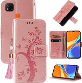 Voor Geschikt voor Xiaomi Redmi 9C reliëf geluksboom horizontale flip lederen tas met houder & kaartsleuf & portemonnee & lanyard (rosé goud)