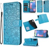 Voor Samsung Galaxy A30s Huid Voelen Reliëf Zonnebloem Horizontale Flip Lederen Case met Houder & Kaartsleuven & Portemonnee & Lanyard (Blauw)