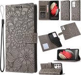 Voor Samsung Galaxy S21 Ultra 5G Huid Voelen Reliëf Zonnebloem Horizontale Flip Lederen Case met Houder & Kaartsleuven & Portemonnee & Lanyard (Grijs)